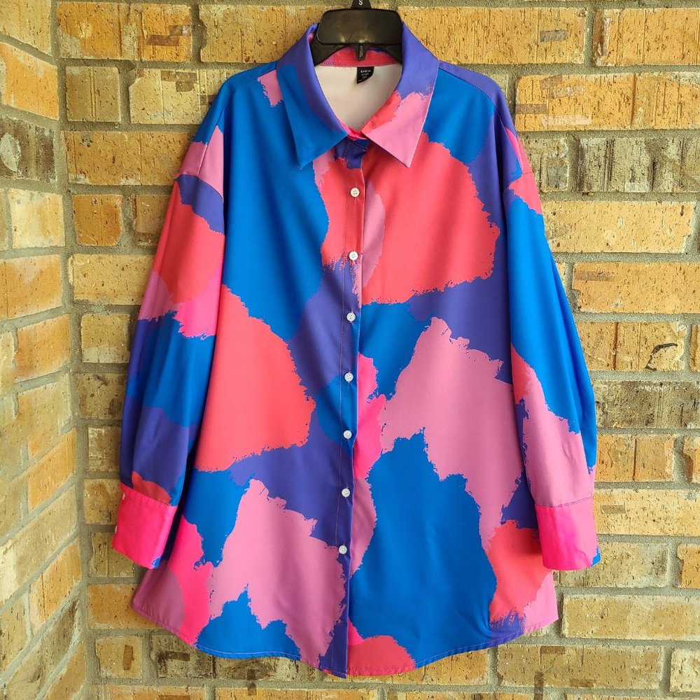 Shein Women's Top Blouse Button Front Long Sleeves Pink Blue Size 0XL